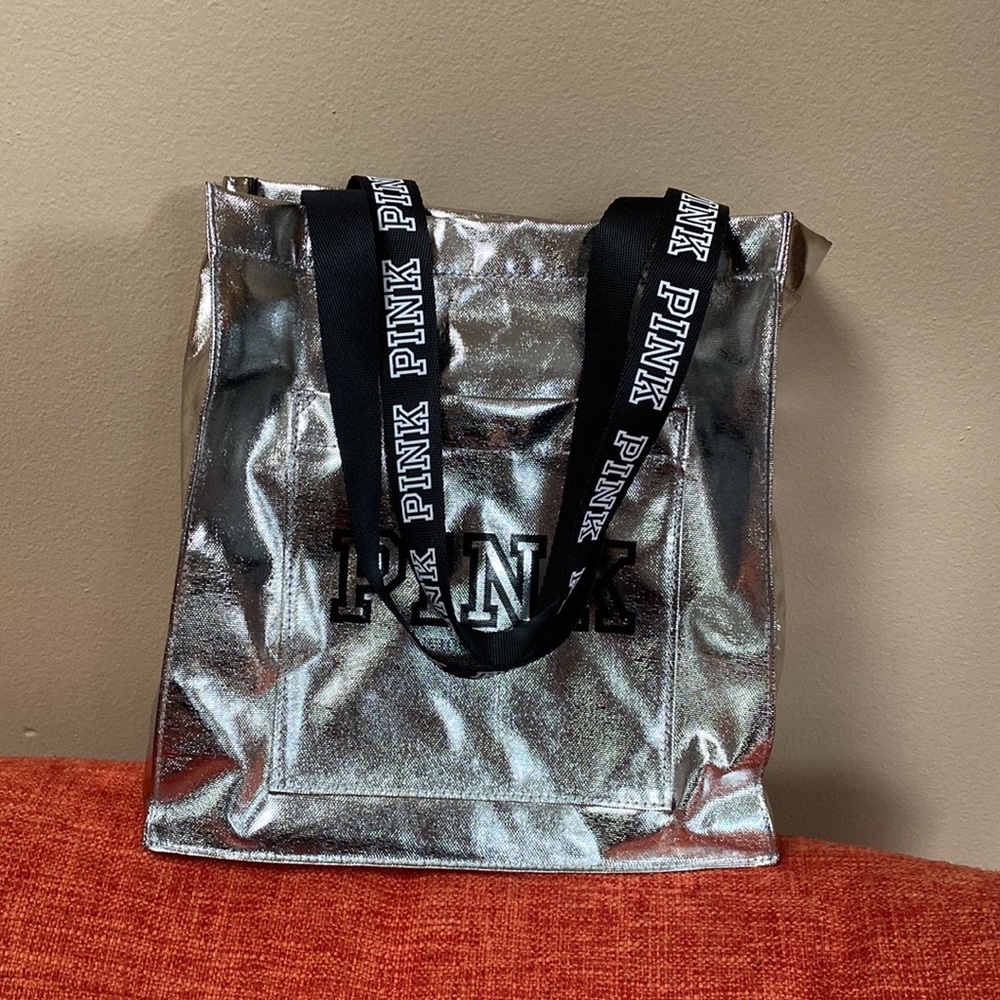 PINK VS Victorias Secret Silver Black Metallic Tote Bag